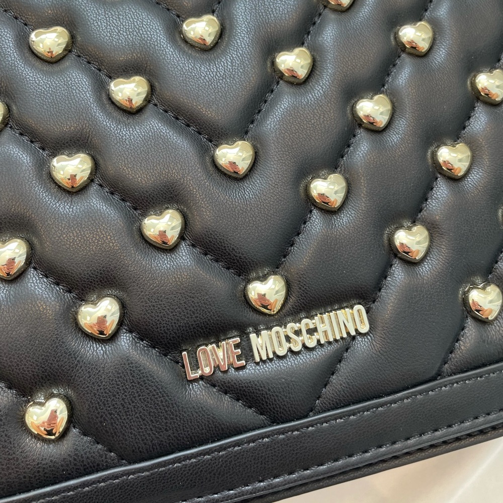 SOLD LOVE MOSCHINO Gold Heart Studded Borsa Matt Nappa Nero Black Shoulder Bag - Picture 3 of 9